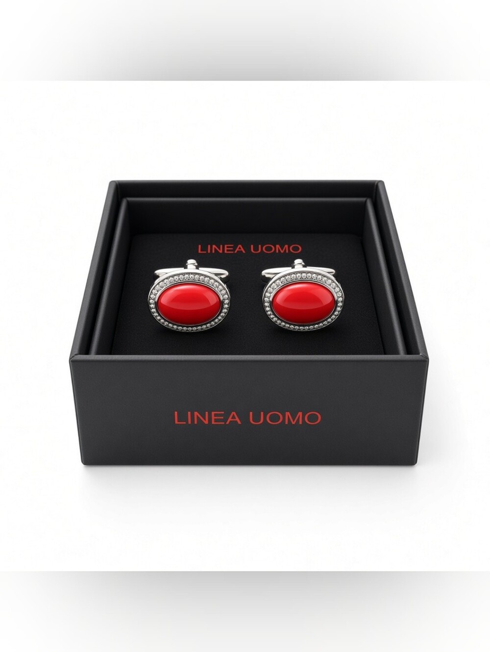 Linea Uomo Silver Tone Red Oval Cabochon Cufflinks
